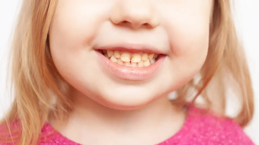 Close-up of child teeth with visible brown discoloration