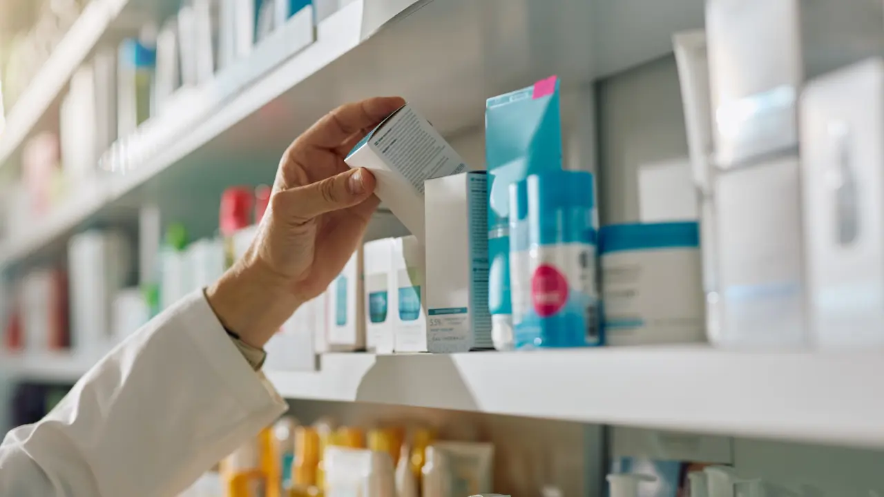 Parent choosing toothpaste for kids from a pharmacy shelf