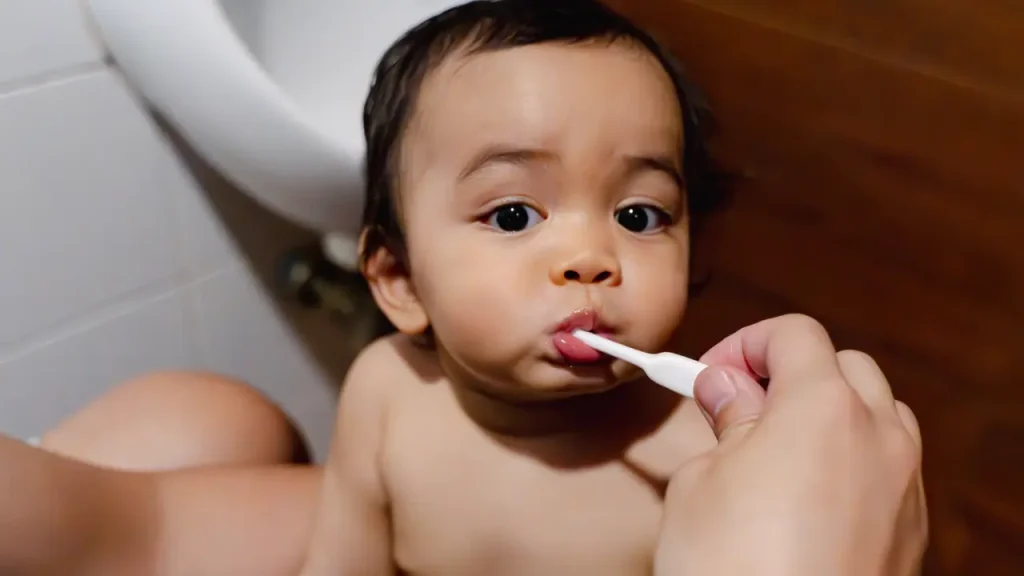Parent brushing a baby's teeth with a small toothbrush
